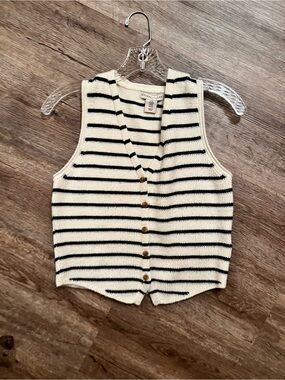 Striped Knit Button-Up Vest - Navy & Cream